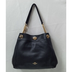 Coach Edie Black Pebbled Leather Turnlock Chain Strap Shoulder Bag